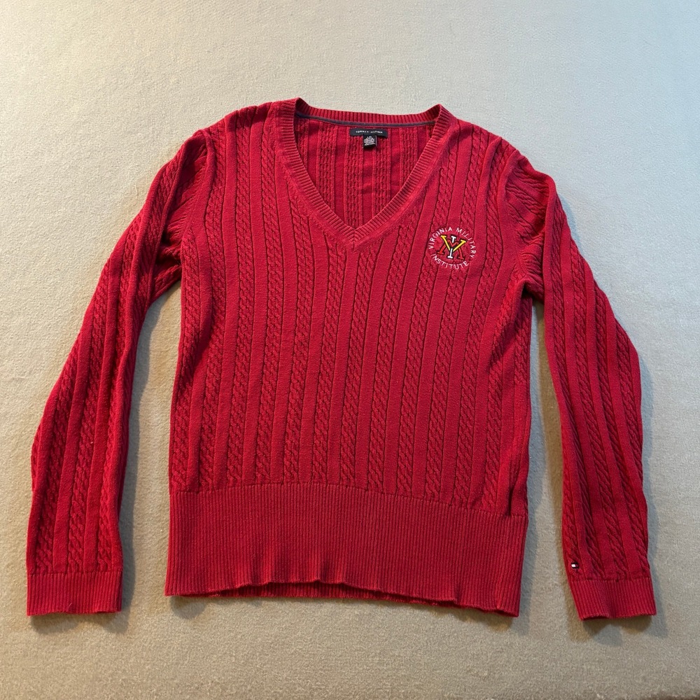 VTG Tommy Hilfiger V-Neck Cable Knit Sweater Womens L Red VMI Military Institute